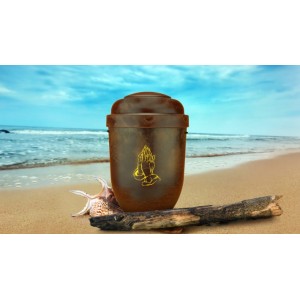 Biodegradable Cremation Ashes Funeral Urn / Casket - RED ROOT WOOD EFFECT with PRAYING HANDS